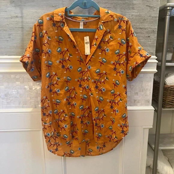NWT new XS Anthropologie pilcro embroidered surf button down top floral gold - Picture 5 of 17